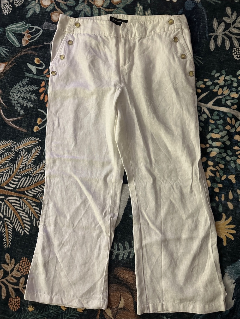 INC International Concepts White Linen-Blend Sailor Pants with Gold Buttons